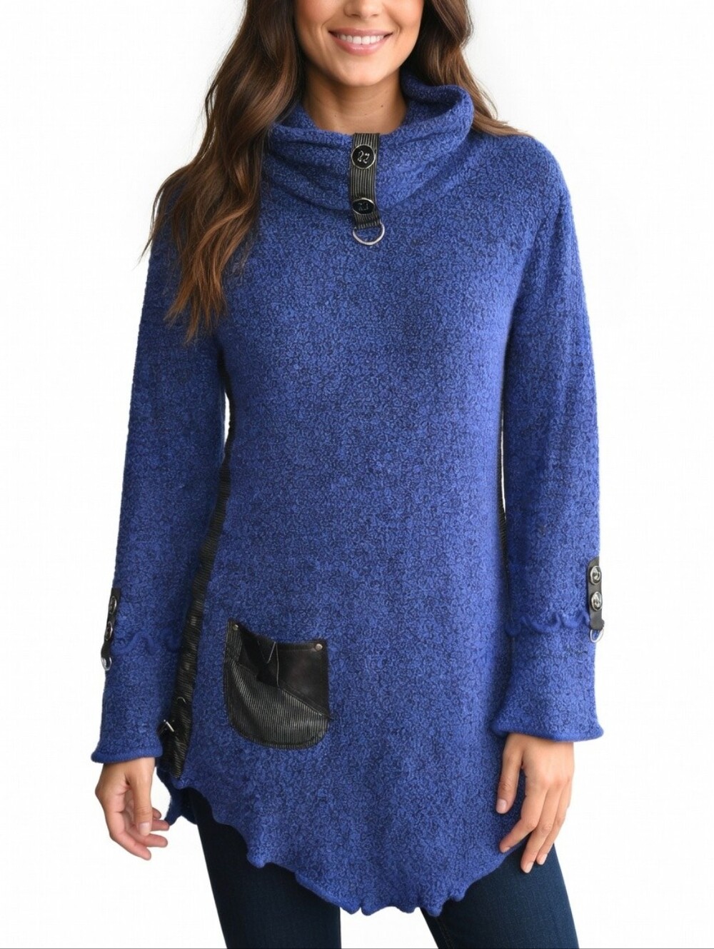En/Kay Blue Boucle Textured Knit Cowl-Neck Asymmetric Hem Tunic Sweater Size M